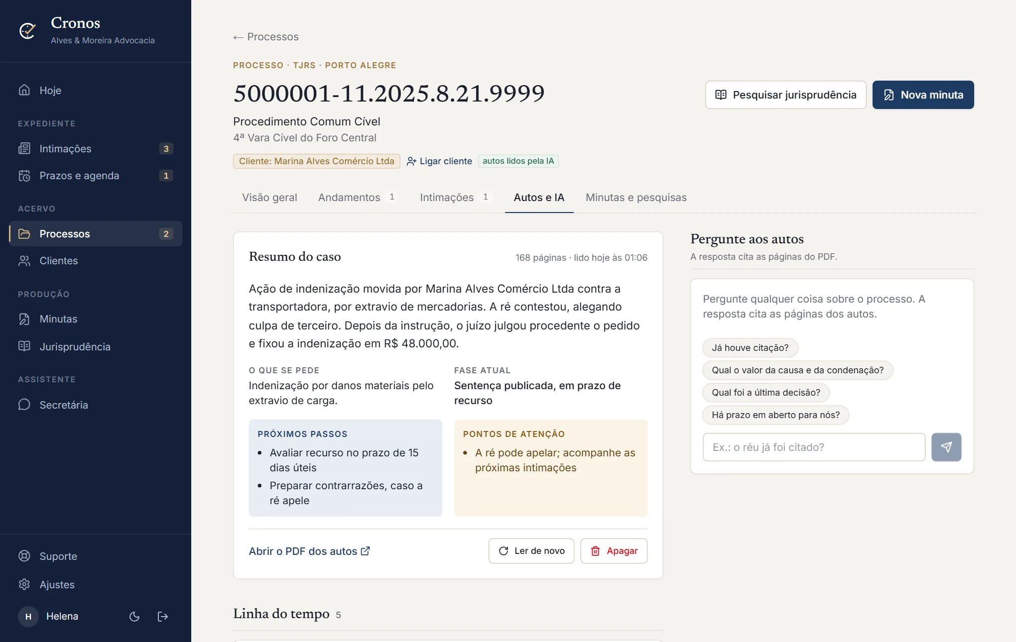 Resumo de autos em PDF no Cronos, com fase atual, próximos passos e linha do tempo com a página de cada ato