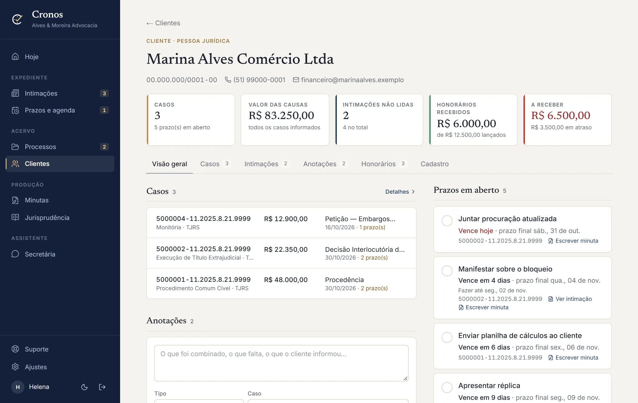 Pasta de um cliente no Cronos, com casos, valor das causas, honorários recebidos e a receber