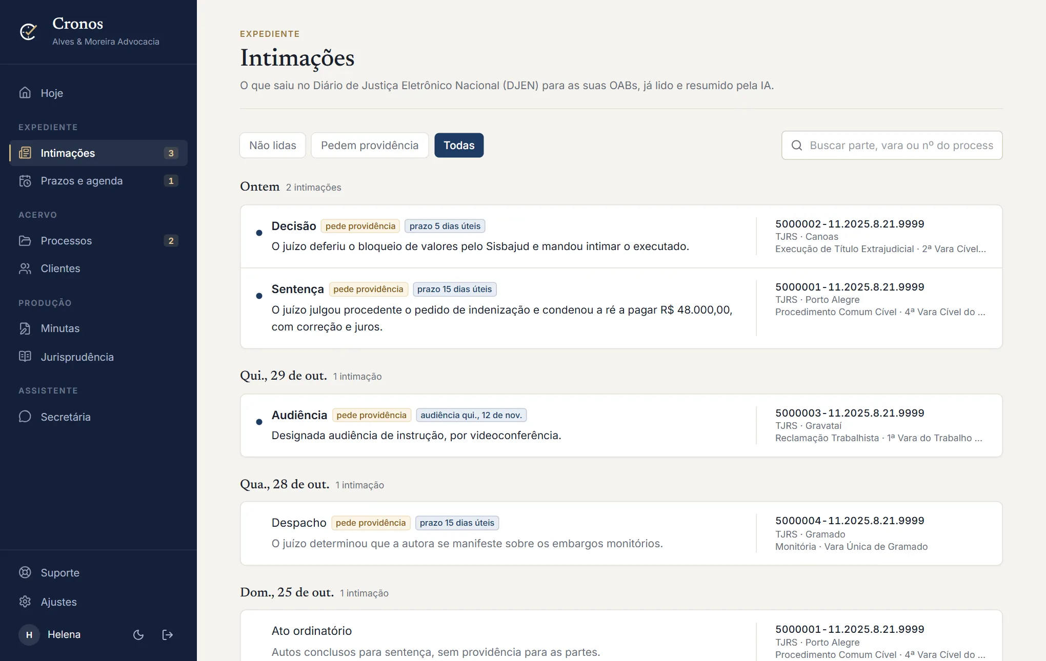 Lista de intimações do DJEN no Cronos, resumidas por inteligência artificial, com a providência e o prazo de cada uma