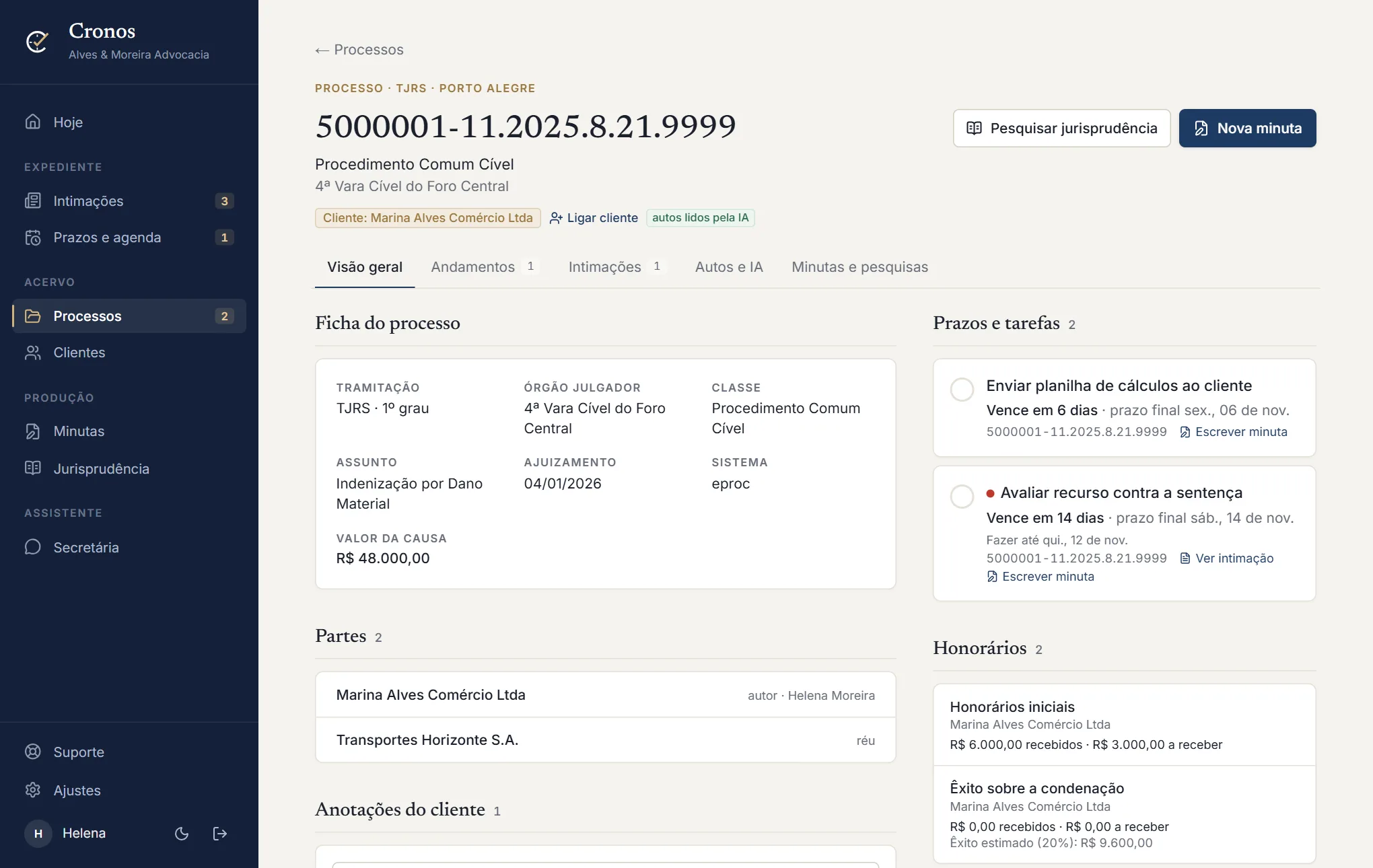 Dossiê de um processo no Cronos, com ficha, partes, últimos andamentos e prazos